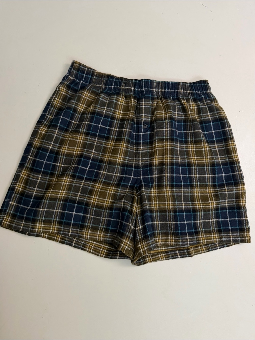 LL Bean Flannel Shorts Boxers PJ Pajamas Lounge Cotton Plaid Olive Green Blue